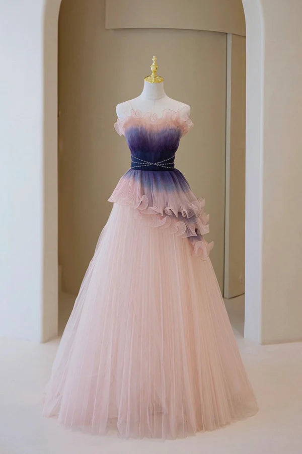 Wholesale Unique Pink Gradient Long Prom Dress A-Line Strapless Evening Party Dress